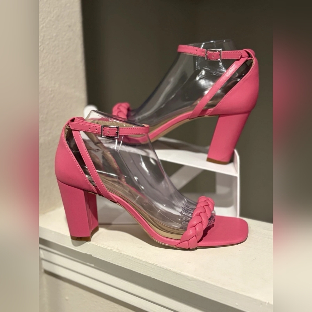 Pink Braided Strap Block Heel Sandals